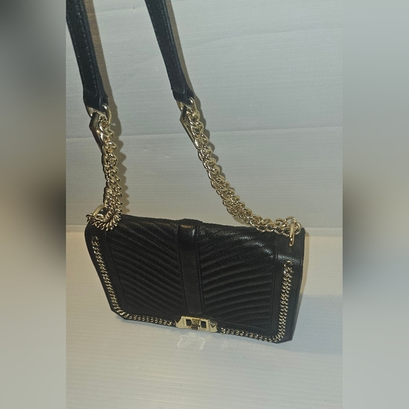 Rebecca Minkoff Love Crossbody Bag Black Chevron Quilted Leather with Gold Chain - Picture 10 of 16
